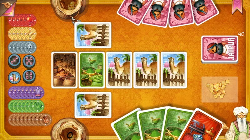 A screen shot of Jaipur, a digital board game on Android and iOS.