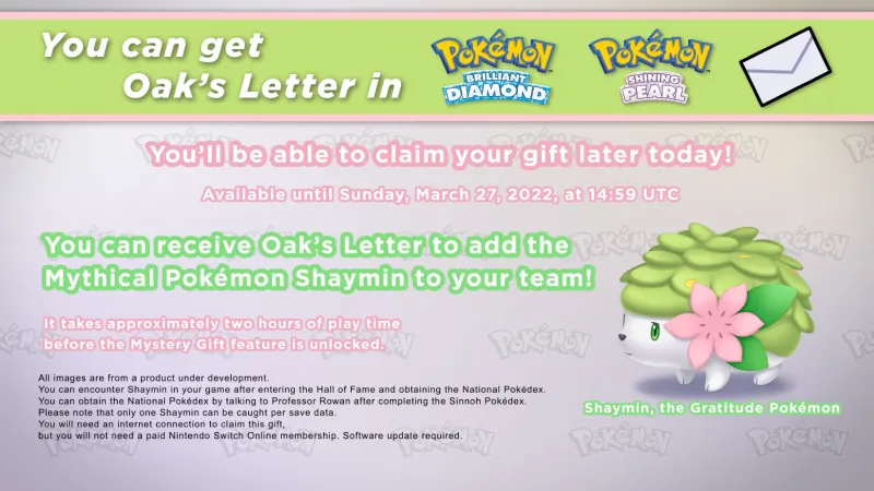 Pokémon Brilliant Diamond And Shining Pearl: Mythical Shaymin Mystery Gift Available Today