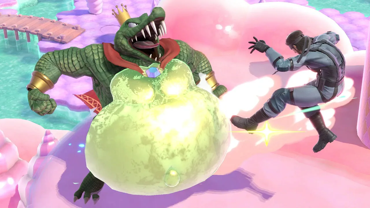Snake will never stop getting flack for his lack of thiccness. Here, King K. Rool shows him the ultimate (pun intended) disrespect by literally beating him with his perfect, bulbous bod.