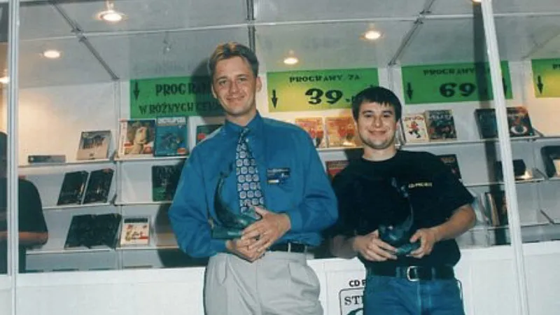 CD Projekt founders Marcin Iwiński (left) and Michał Kiciński (right) attending Gambleriada ’97 video game expo in Warsaw